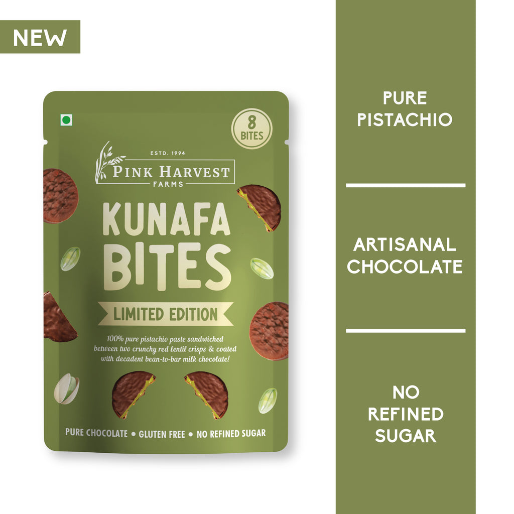 Green package of Pink Harvest Farms Kunafa Bites with text on a white background