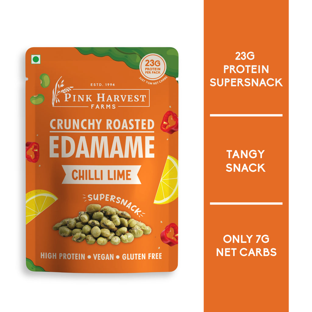 Pink Harvest Farms Crunchy Roasted Edamame Chilli Lime snack package on an orange background