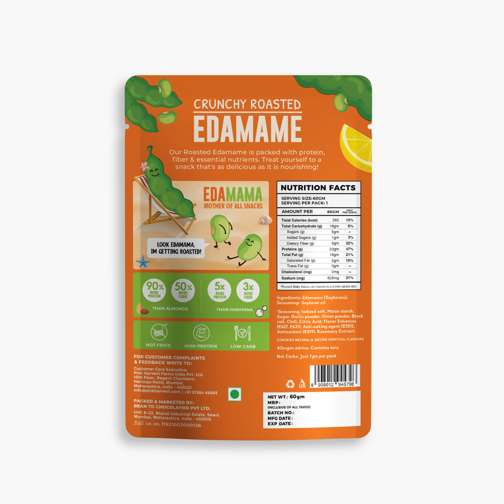 Packaging of crunchy roasted edamame with nutritional information on an orange background