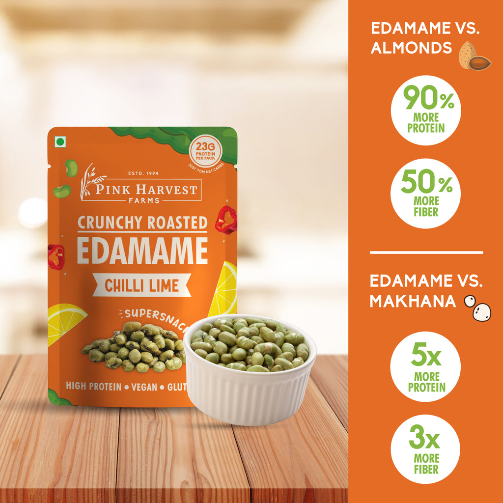 Pink Harvest Farms Crunchy Roasted Edamame Chilli Lime package with edamame in a bowl on a wooden surface.