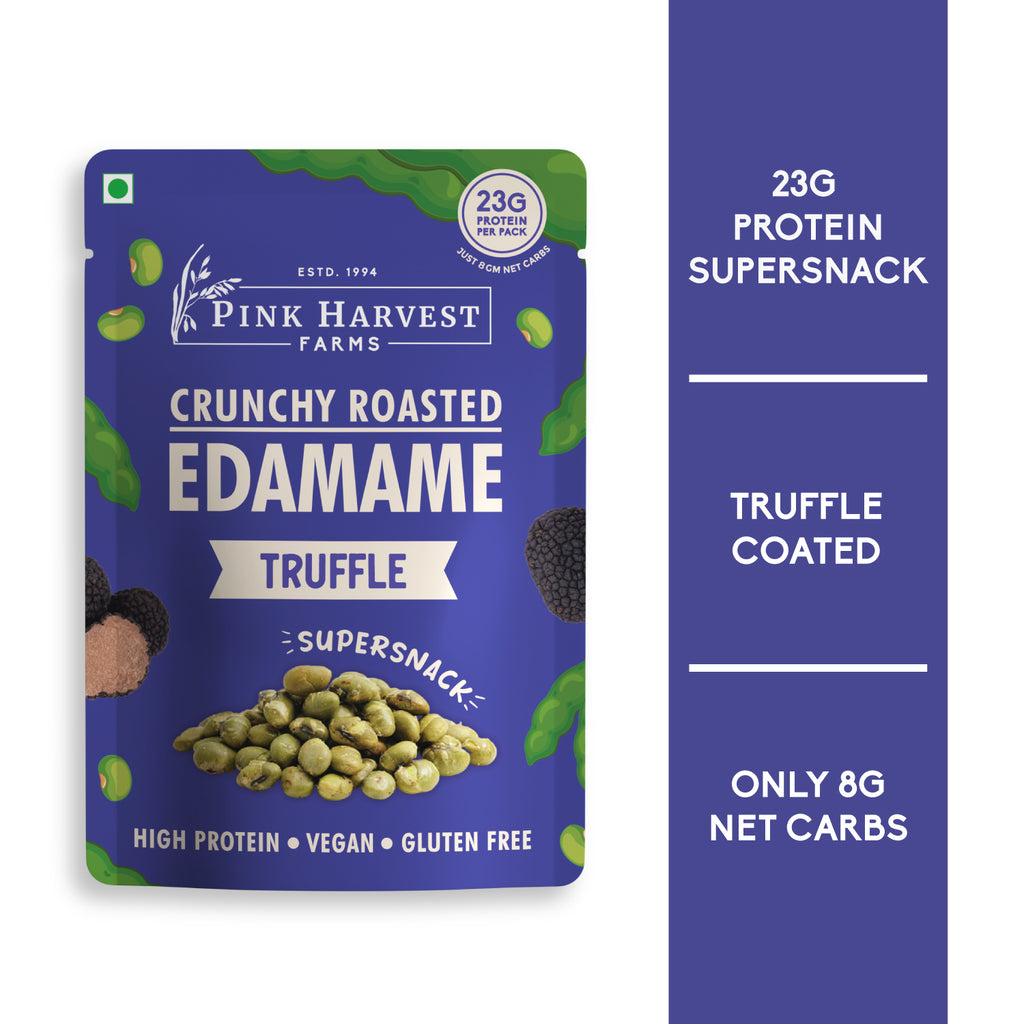 Pink Harvest Farms Crunchy Roasted Edamame Truffle package with nutritional information on a white background
