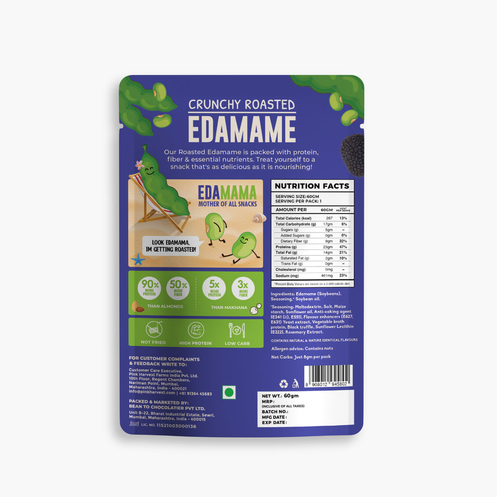 Edamame snack package with branding and nutritional information on a white background