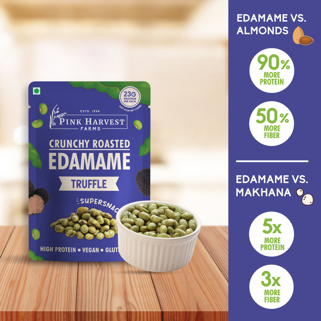 Pink Harvest Farms edamame package with a bowl of edamame on a wooden surface, featuring nutritional information.