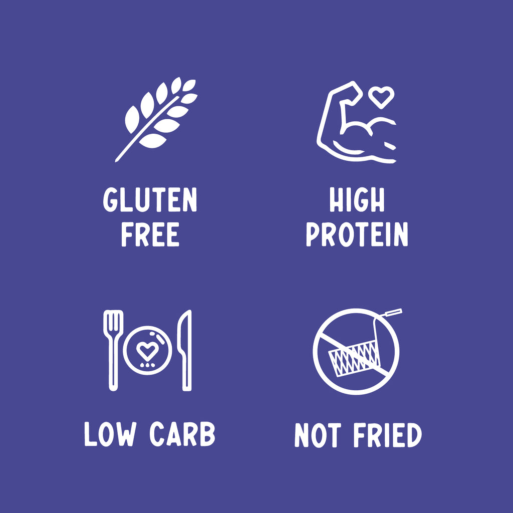 Set of dietary icons with labels for gluten-free, high protein, low carb, and not fried on a blue background.
