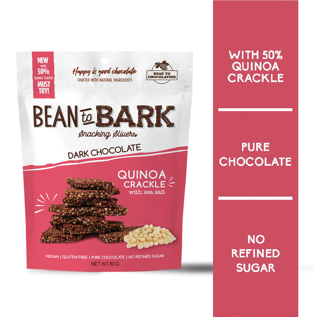 Quinoa Crackle Dark Chocolate Bark Thins with Sea Salt, Natural unrefined brown sugar, no artificial flavours, vegan, gluten free, healthy snacking